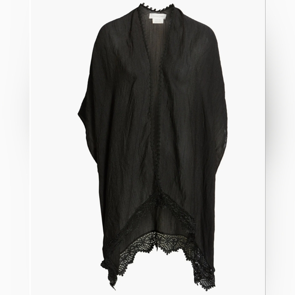 Nordstrom Treasure & Bond Lace Trim Ruana Open Front Wrap Kimono Coverup Black - Picture 9 of 9
